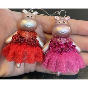 Ballerina 2 Mini Hippopotamus Hippo Christmas Ornament Pink Tutu Glittery Ballet